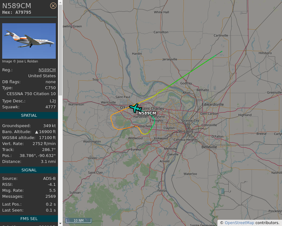 AboveStLouis's tweet image. 🇺🇸 N589CM - Cessna Citation X - NPDA LLC N589CM - 3.4 mi away @ 16975 ft, heading WNW at 401 mph. Spotted for first time! [09:31:27 PM CDT] #A79795 #N589CM #C750 #N589CM  #STL #ADSB