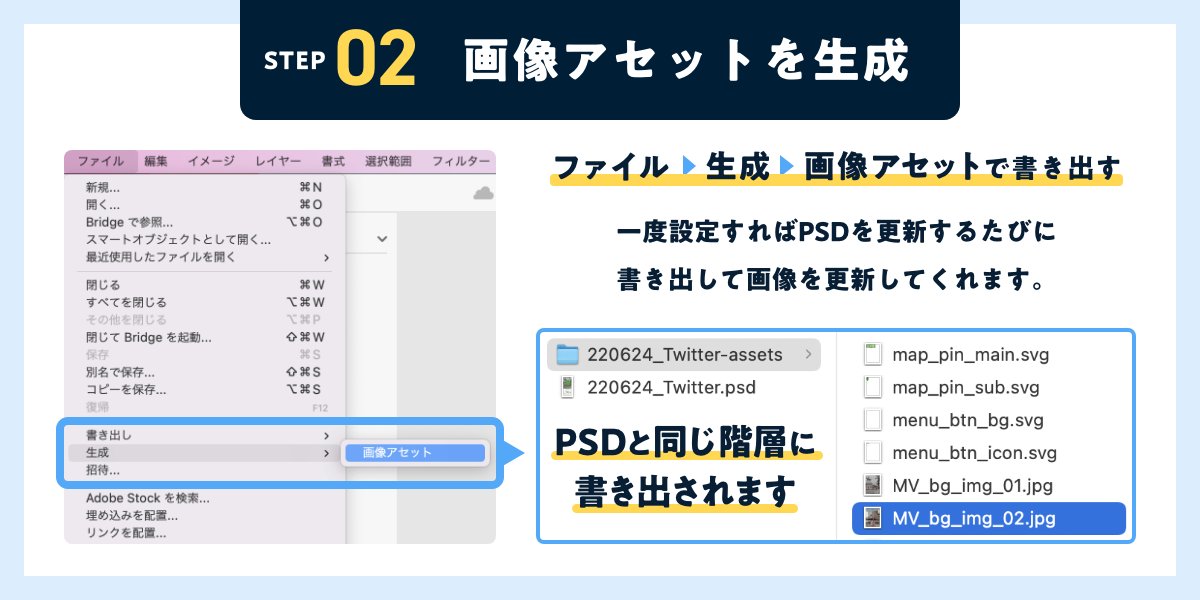 AndHA_design's tweet image. Photoshopで便利なアセット機能🖋️

💭JPG、PNG、SVGなど個別に書き出すのが大変
💭作業を少しでも時短したい・・・

そんな皆さんへ！
1⃣レイヤー名に拡張子をつける
2⃣アセット生成

2ステップでスピーディーに行えるようになります✨
#webデザイン勉強中 #webデザイン初心者

応用編はリプライにて↓