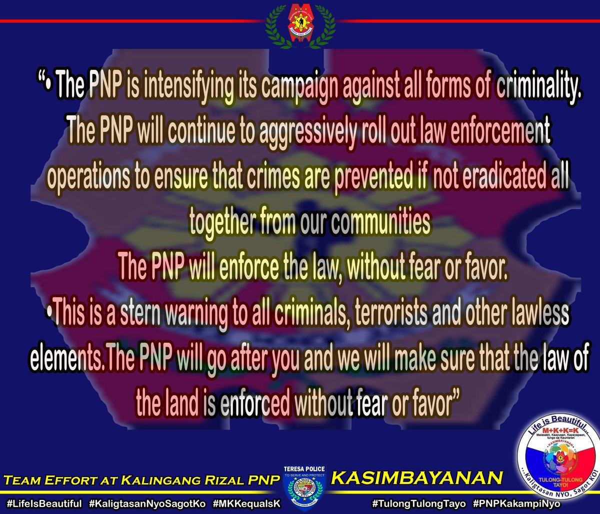 teresa_pnp's tweet photo. #LifeIsBeautiful
#KaligtasanNyoSagotKo
#TulongTulongTayo
#MKKequalsK
#PNPKakampiMo
#WeServeAndProtect
#TeamPNP
#TeamCALABARZON
#teameffort https://t.co/8JzRlXV2LA