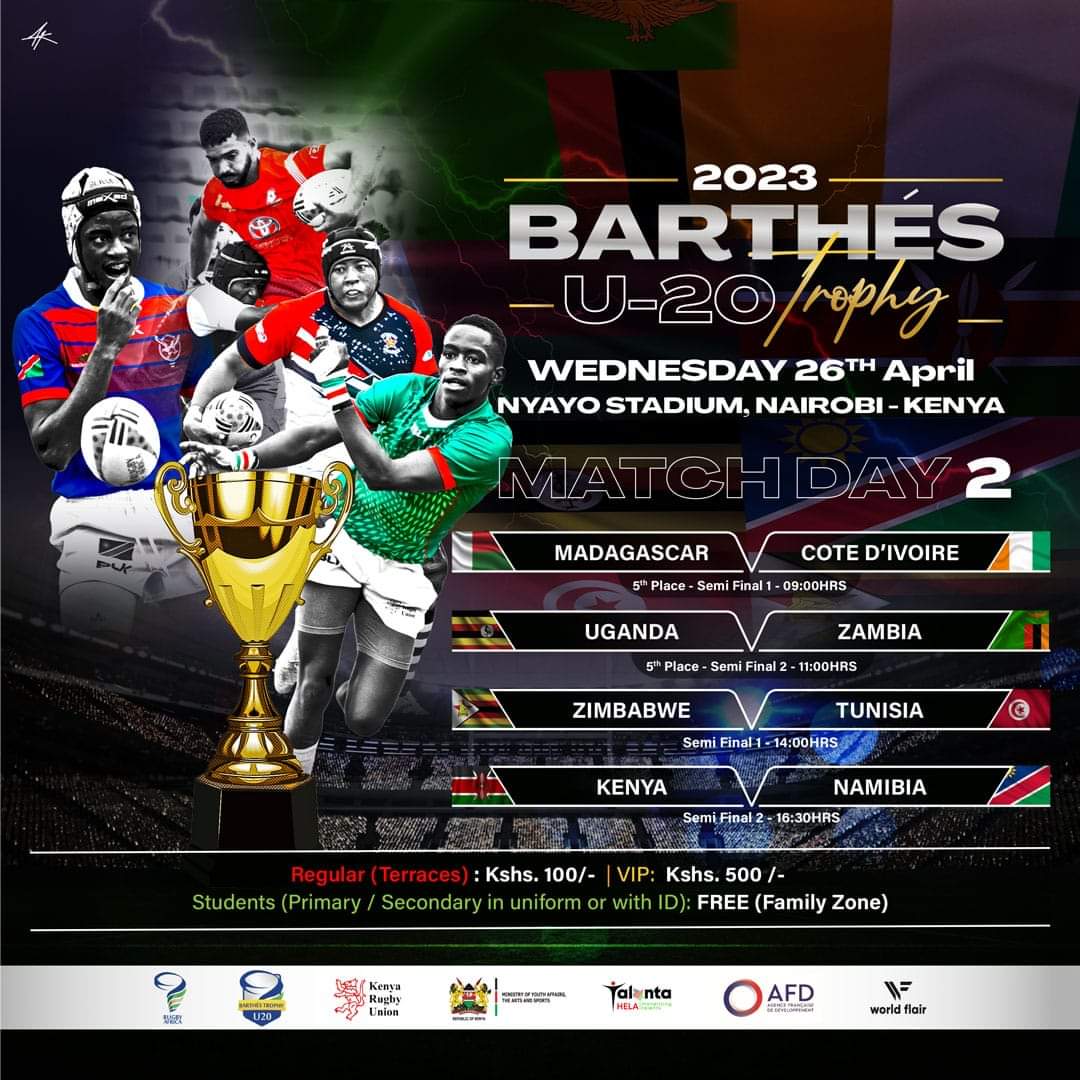 U20 Barthes Cup Semi-finals will be played today at the Nyayo National Stadium. Kenya Chipu will face Namibia at 1630hrs in the Cup Semis. Let's turn up in large numbers to cheer and support Chipu. #U20BarthesTrophy #BarthesCup #Chipu #JazaNyayo