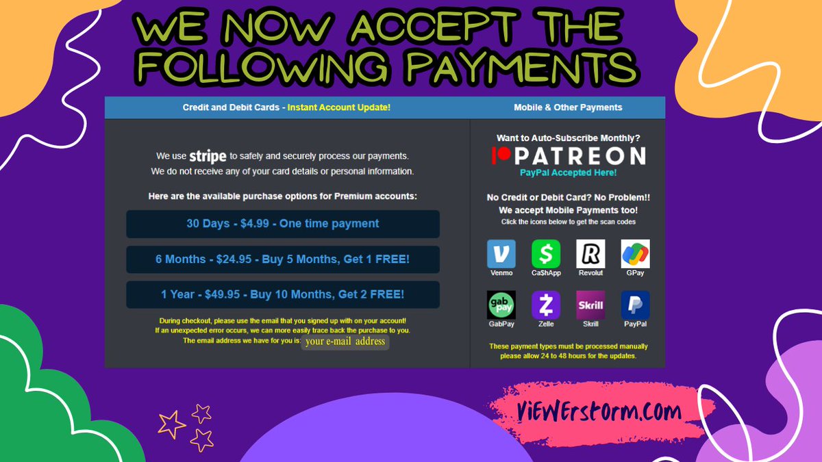 ViewerStorm's tweet photo. 🔥Hey guys, we have added several new forms of payment. Please check out the new payment options.
 
👉If your account doesn't upgrade right away, it may take 24-48 hours to update. https://t.co/35nRWBqBDW