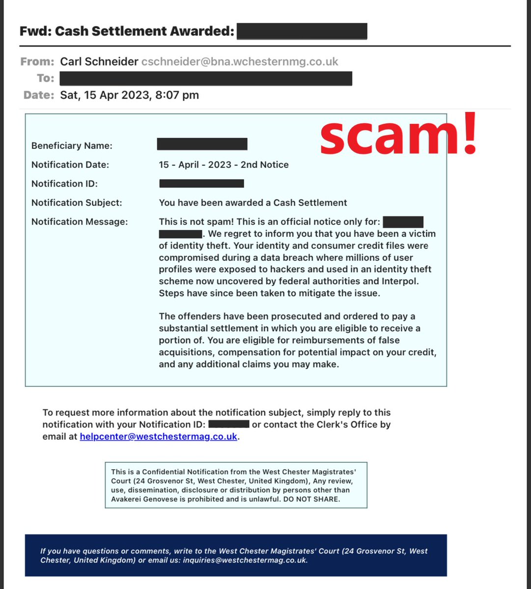 #Scamalert: Be wary of contacts claiming you've been awarded a cash settlement for being the victim of identity theft. This is a scam. Do not contact Westchester Court as directed. Report the scam to Scamwatch here bit.ly/3oIghie
