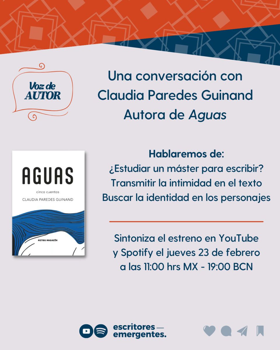 esemergentes's tweet photo. ¿Has pensado estudiar #Escritura Creativa? ✍️ ¡Esta charla de #VozdeAutor es para ti! Hablamos con @cparedesguinand sobre su libro “Aguas” (@mitosmagazin), y de su experiencia estudiando un máster en Creación Literaria.

🗓 Estreno en YouTube el 27/04, 11:00h 🇲🇽 y 19:00h 🇪🇸. https://t.co/ya75aOZn9F