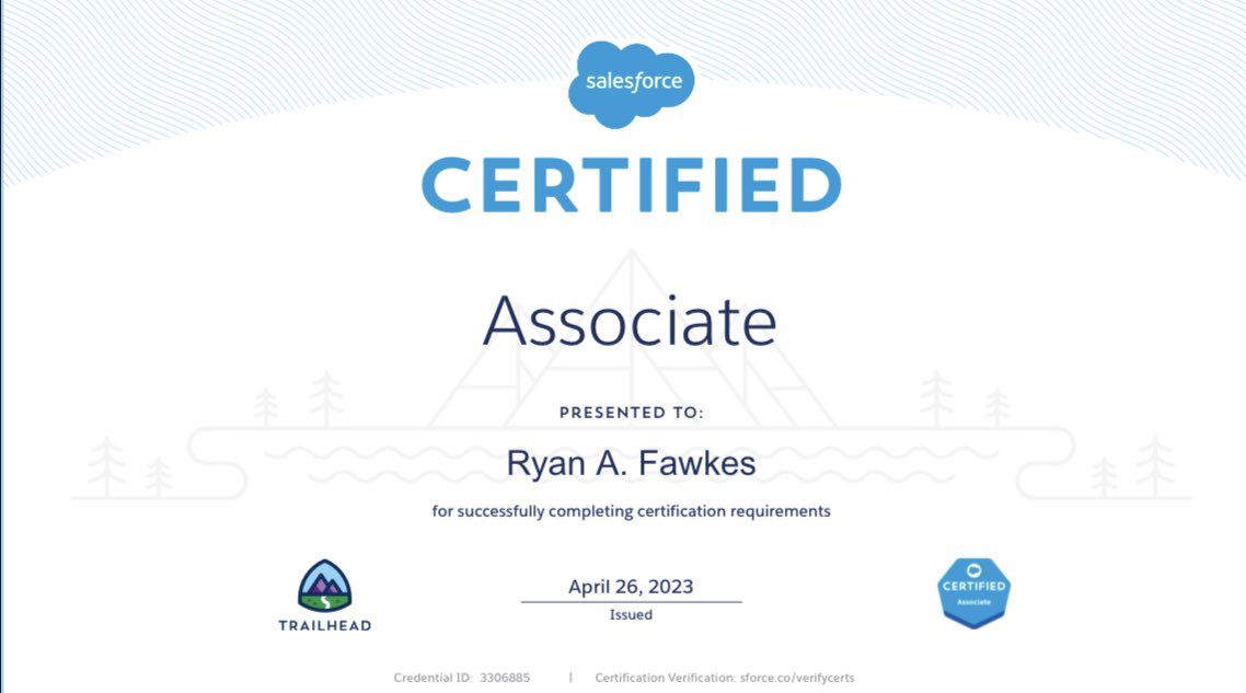 RyanFawkes's tweet photo. Just passed my Associates Certification in #Salesforce and I am over the moon! It may seem small to some, but to me it represents overcoming self-doubt and achieving a goal I set my mind to. Next up, the admin certification! #nevergiveup #growthmindset 🎉 https://t.co/oL58RvLYql