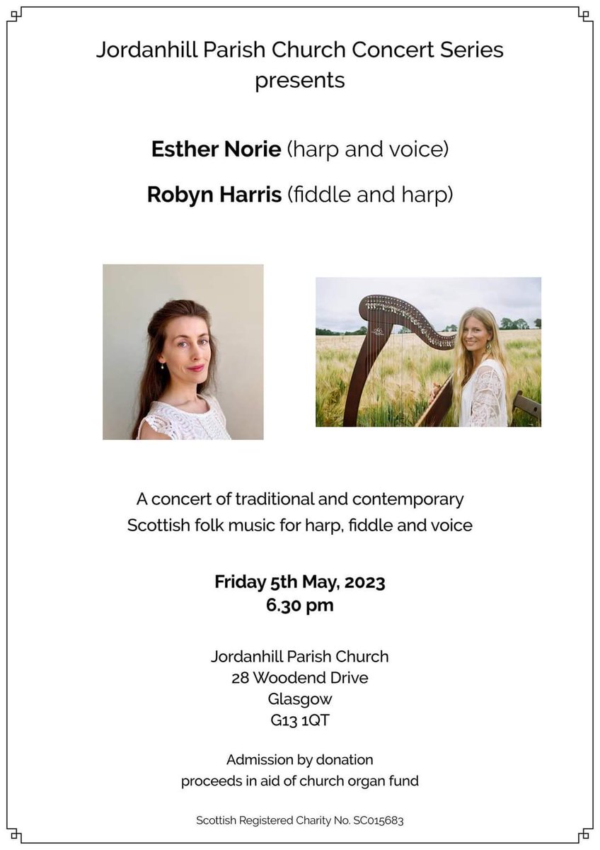 A concert of Scottish folk and contemporary music for harp, fiddle and voice 🎶 Friday 5th May, 6.30 pm, Jordanhill Parish Church. All are welcome!