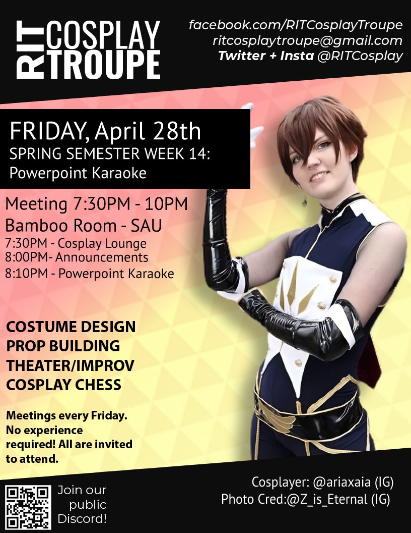 RITCosplay's tweet photo. Hello everyone ! It’s our last meeting this week and we hope you’ve enjoyed all we have offered this year! Our final meeting we will be doing PowerPoint karaoke. If you want to make a PowerPoint for our PowerPoint Karaoke. please send it to ritcosplaytroupe@gmail.com! https://t.co/QJ5nvApafD