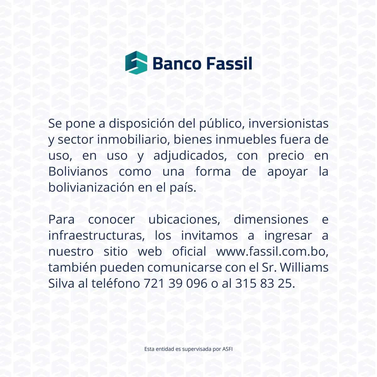 Estimado cliente, te invitamos a leer el siguiente comunicado acerca de nuestros Bienes Propios disponibles para adquisición.

#BancoFassil