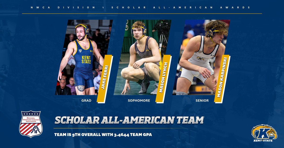 Congratulations to Jake Ferri, Mason Lynch, and Mason Karpinski for being selected as NWCA Scholar All-Americans! Our team also finished 9th nationally, and earned Team All-America honors! #StayGolden x #GoFlashes