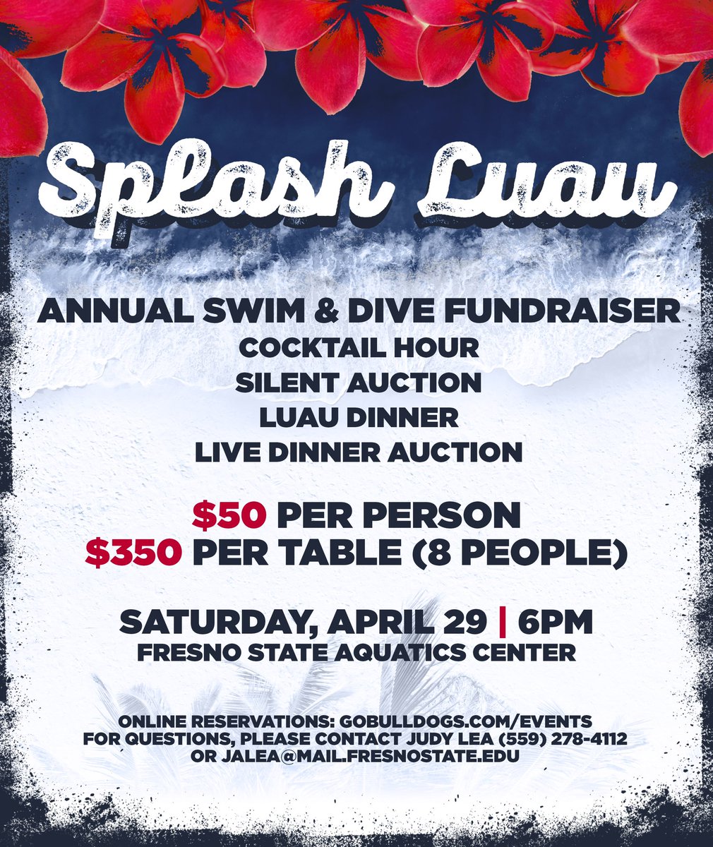 Join us for the Splash Luau this Saturday at the Fresno State Aquatics Center🌺

RSVP here ➡️GoBulldogs.com/Events

#GoDogs | #ForTheV