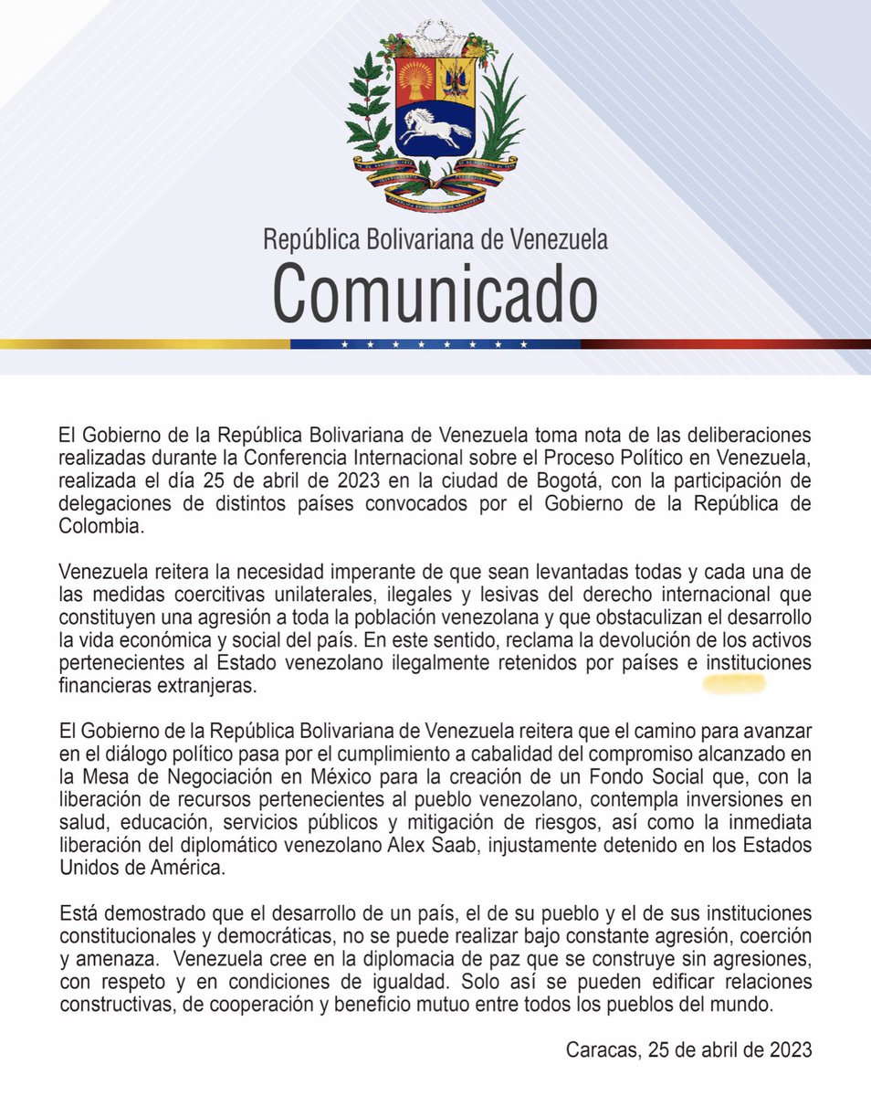 #COMUNICADO El Gobierno de la República Bolivariana de Venezuela toma nota de las deliberaciones realizadas durante la Conferencia Internacional sobre el Proceso Político en Venezuela, realizada hoy en Bogotá y convocada por el Gobierno de Colombia.