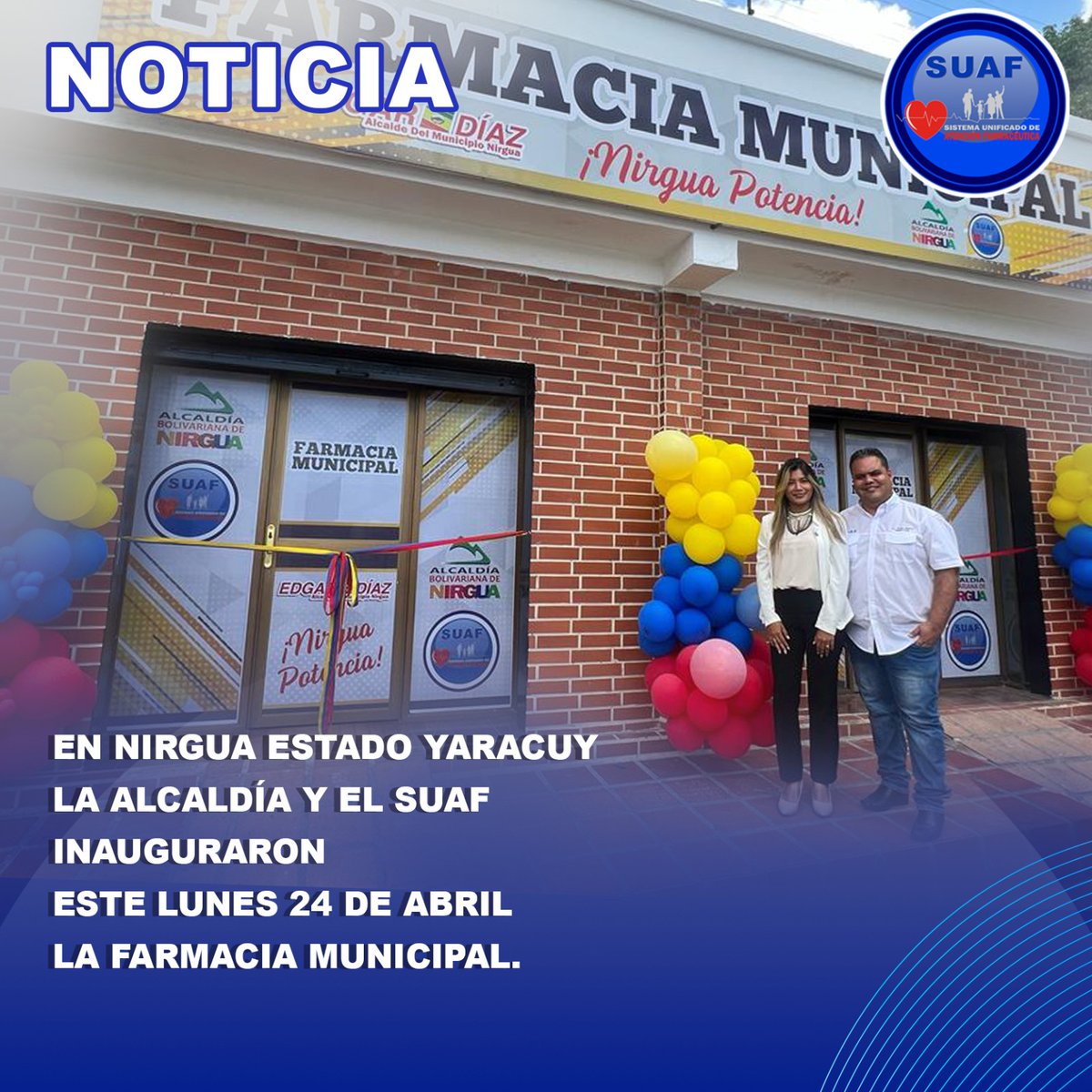 #noticias este lunes #24abril la alcaldía de Nirgua en el estado #Yaracuy y el Sistema Unificado de Atención Farmacéutica inauguraron la Farmacia Municipal .
#VenezuelaTerritorioDePaz