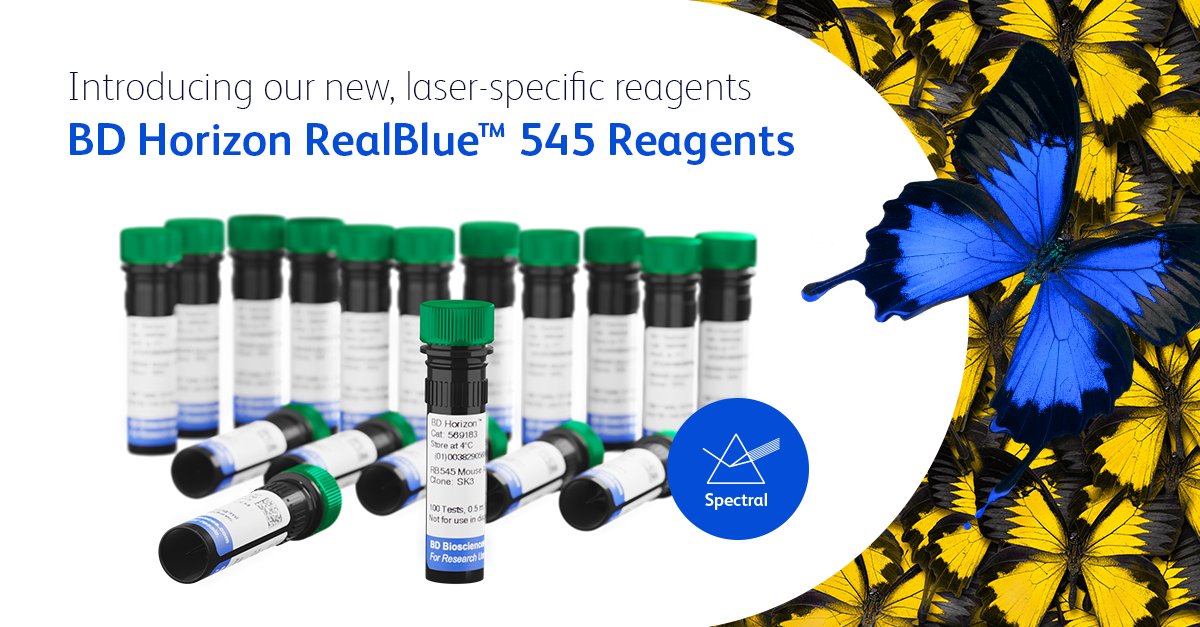 BDBiosciences's tweet photo. We’re excited to announce the release of our newest laser-specific fluorochrome! BD Horizon RealBlue™ 545 (RB545) Reagents are designed for minimal spillover and optimized data resolution.
Learn more
https://t.co/0pZcTu14o3
#flowreagents #spectralflow #flowcytometry #RB545 https://t.co/TgKlhvvjUD
