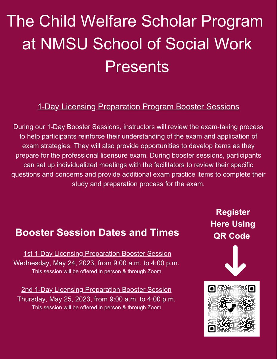 nmsu_cwsp's tweet image. Registration for our 1-Day Booster Sessions is now open!! Contact Erica Tontodonati at ericat@nmsu.edu for more information on our Licensing Preparation Program. #nmsocialworkers #LBSW #LMSW #LCSW #socialworklicensingexam #examprep