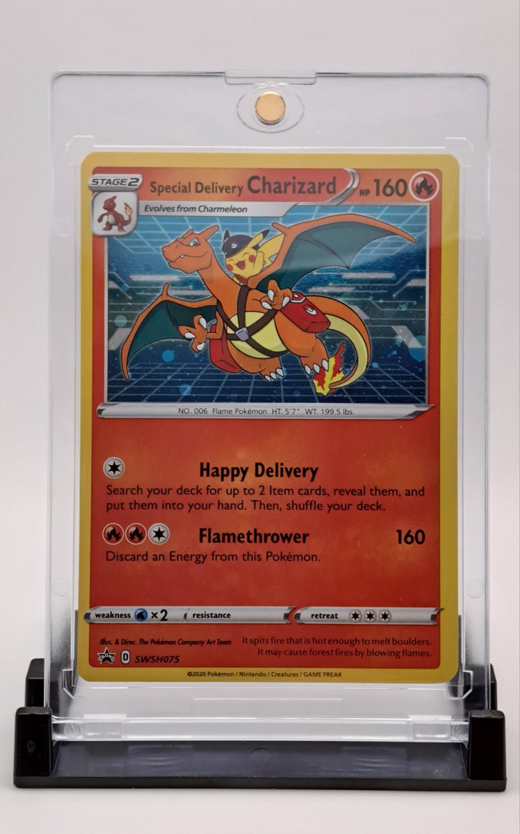 GIVEAWAY!
It's time, for the first Peakuh giveaway. This Special Delivery Charizard. LP/NM Off center, tiny corner dings.

To enter:
- Follow me @TheRealPeakuh
- Retweet this tweet!

Winner will be drawn 5/1. I will Tweet, and dm the winner.  Redraw if not claimed in 48 hours.