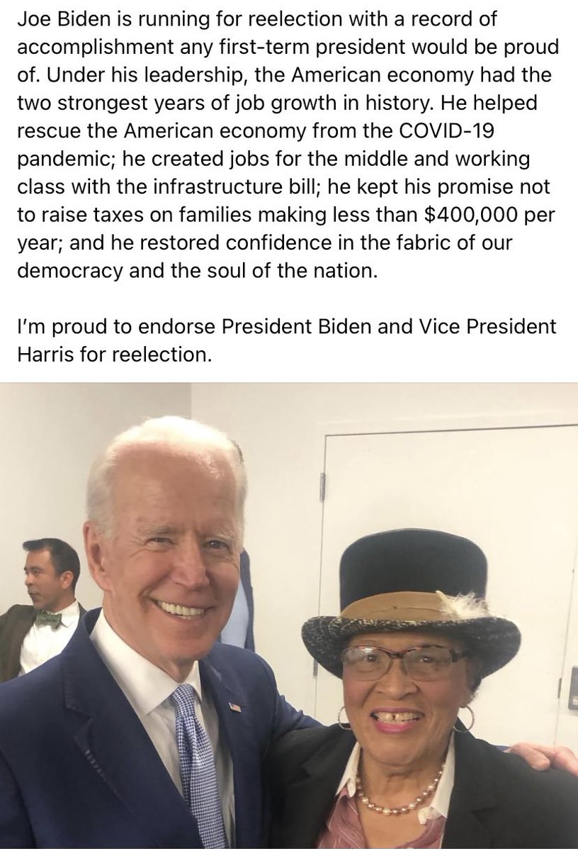 Joe Biden is running for reelection with a clear record of accomplishment. Under his leadership, the American economy had the two strongest years of job growth in history.   I’m proud to endorse President @JoeBiden and Vice President Harris for reelection.