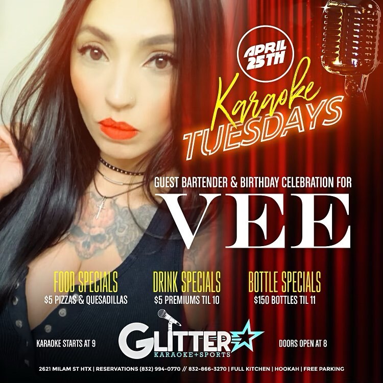 whereisindmix's tweet photo. Karaoke Tuesdays just got better with Bingo for cash prizes. Bingo from 8-10 pm plus Special guest Bartender celebrating her birthday: Vee @askvee_ 

Glitter Karaoke
2621 Milam Houston Tx 77002

5 lbs Crawfish for $25
$5 Pizzas &amp; Quesadillas
$5 Premiums … https://t.co/4dMxJqufx1 https://t.co/2XvDHHRtLj