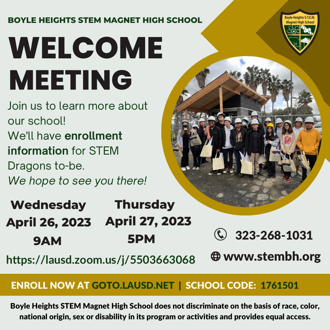 This week we have our Welcome Meetings for our STEM Dragons to-be for incoming school year! 🐉 It will be via ZOOM on Wednesday and Thursday, whichever works best for you. 

Please call us if you have any questions. 📞 

#boyleheightsstem #boyleheightscos #welcomestemdragons
