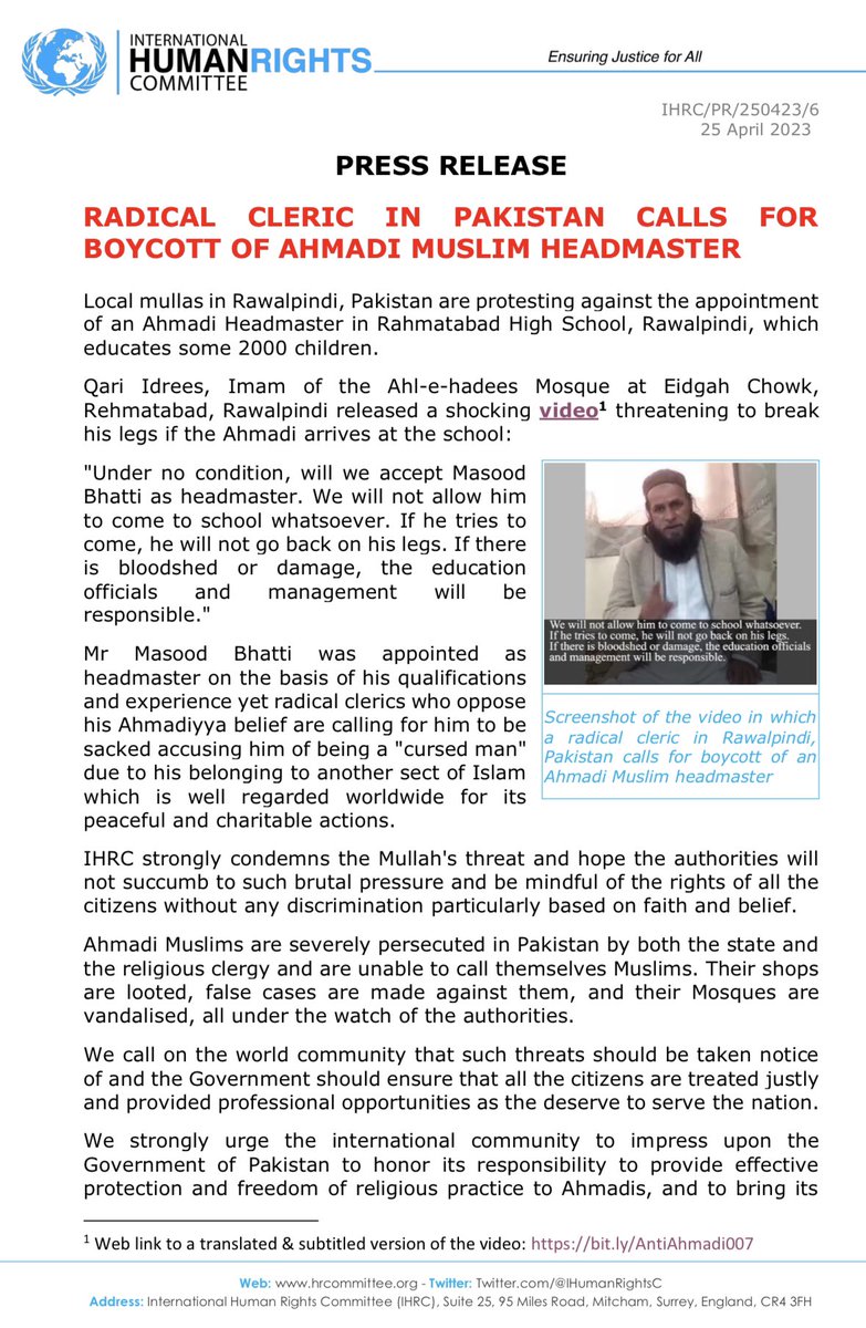 IHumanRightsC's tweet photo. ⚠️ PRESS RELEASE

RADICAL CLERIC IN PAKISTAN CALLS FOR BOYCOTT OF AHMADI MUSLIM HEADMASTER

⬇️ Read in full https://t.co/e3dCxd3Cpg