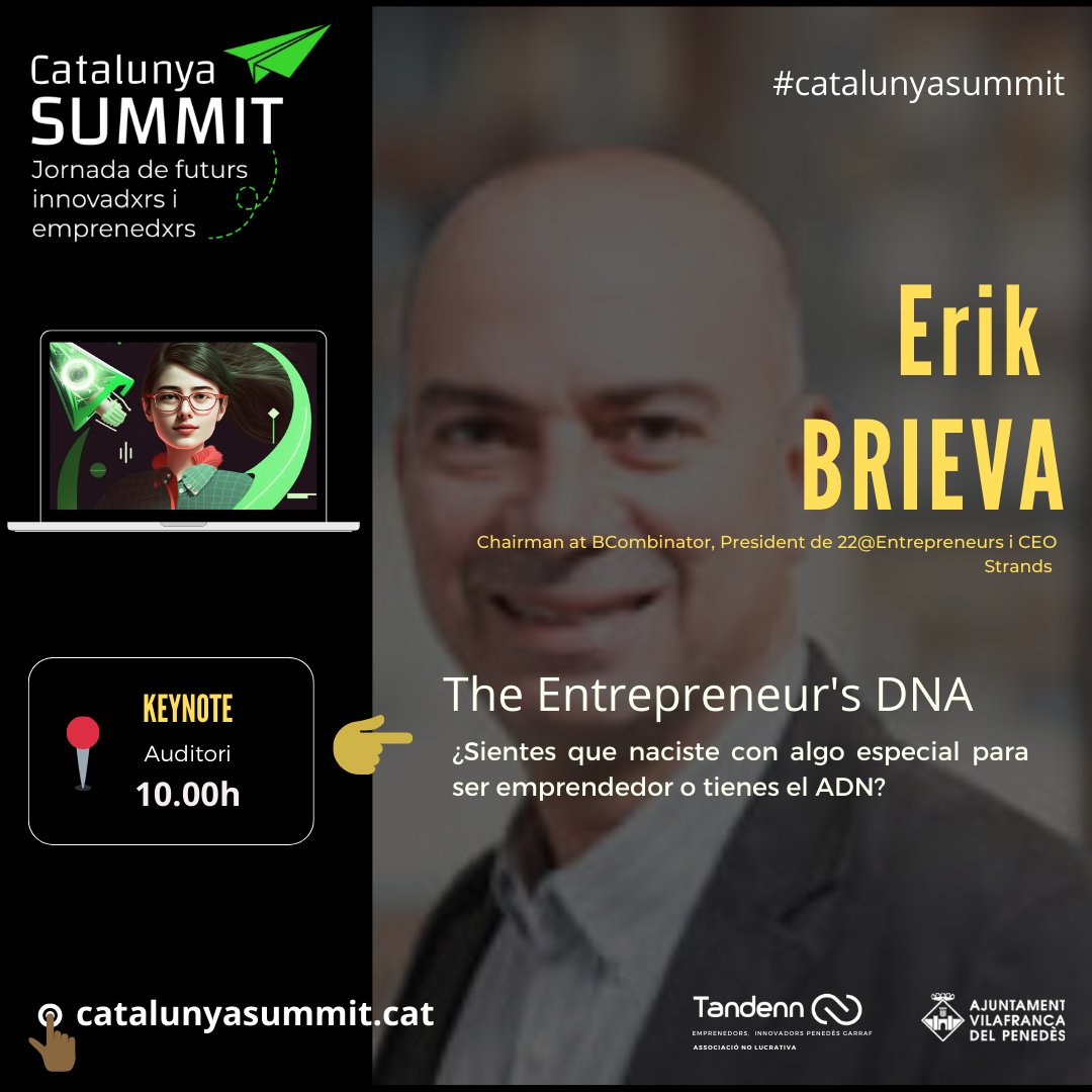 💥 El cartell del <a href="/catalunyasummit/">CatalunyaSummit</a> no podia tenir un millor inici!

👉🏻 <a href="/erik/">erik</a>.brieva president de @bcombinator_official realitzarà el #keynote de benvinguda on descobrirem les característiques principals per emprendre

🤷🏻‍♂️ Però la gran pregunta és: "¿Emprenedor se nace o se hace?"