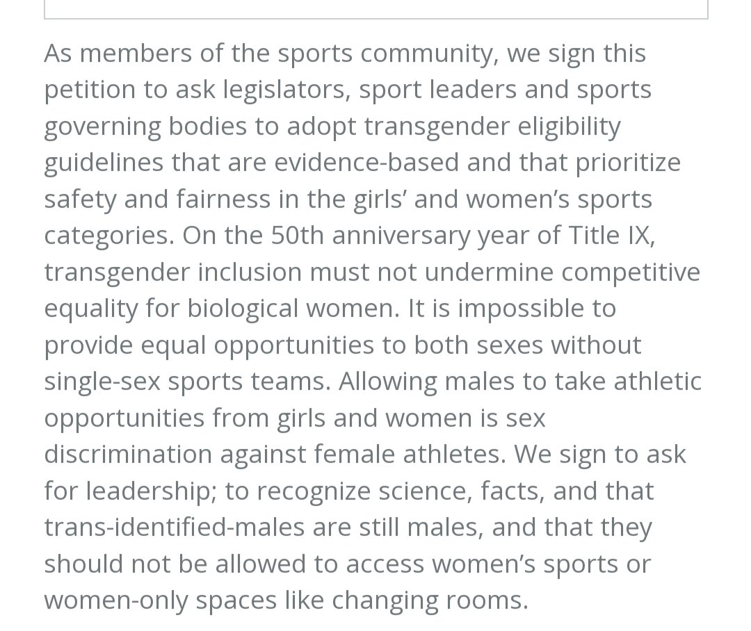 If you agree, sign the petition.

#WomensSportsare4Women #GetMenOut #FreeSpeech4Women #StandUp4Women