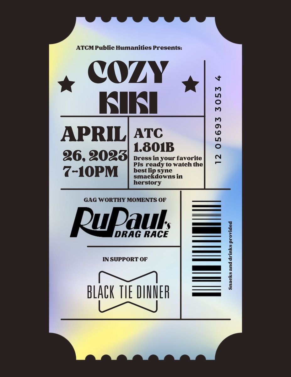 ATEC_CMS_Lab's tweet image. Join ATCM 4322 Critical Media Studies Lab &amp;amp; Black Tie Dinner Wed, April 26, for a Cozy Kiki! Dress in your favorite PJs and be ready to watch the best lip sync smackdowns in herstory. Share the most gag worthy moments and learn more about Black Tie Dinner. ATC 1.801b 7pm - 10pm