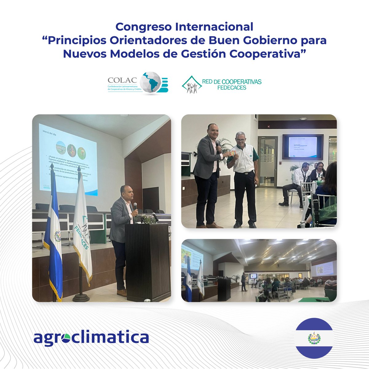 agroclimatica's tweet photo. 🇸🇻 Nuestro Director para Agroclimatica Latinoamérica, Moisés Obando, compartió sobre la gestión de los riesgos climáticos durante su exposición en el Congreso Internacional de Gobernabilidad, organizado por @ColacPanama y la Red de Cooperativas FEDECACES, el pasado 21 de abril. https://t.co/eG6tHhahx7