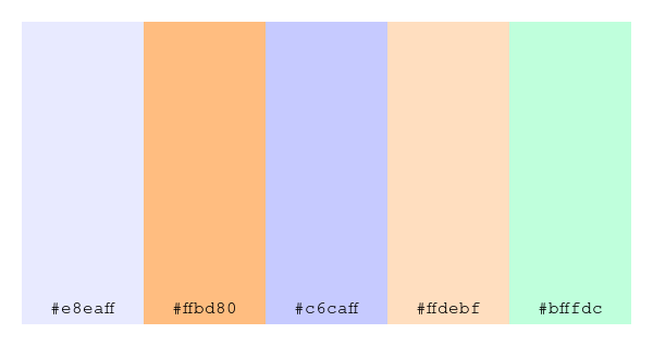 ColPaletteBot's tweet photo. Beep beep, here's a pretty color palette for you!
color-scheme.js parameters used:
- hue: 42
- variation: light
- colors: #e8eaff, #ffbd80, #c6caff, #ffdebf, #bfffdc
Have a lovely evening!
#twitterbot #colorpalette #colors #palette #prettycolors https://t.co/F8TgukEEby