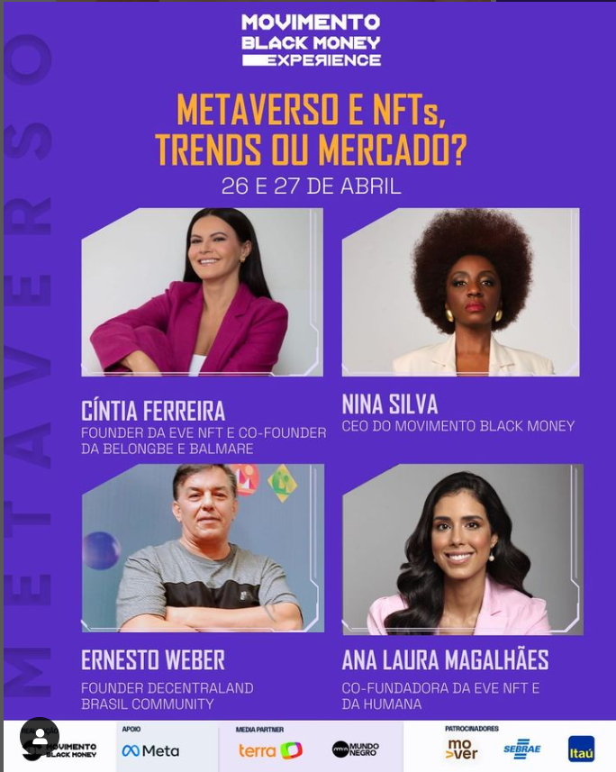 <a href="/movblackmoney/">Movimento Black Money</a>  #MBMExperience ,especialistas <a href="/cintianft/">Cintia Ferreira | EVE NFT</a> <a href="/NinaSilvaPerfil/">Nina Silva</a> @atrovenado #AnaLauraMagalhães
Dia 26 &amp; 27 de abril, a partir das 17h. Compartilhe e participe!
#MBMExperience 
apoio: <a href="/sebrae/">Sebrae</a> #meta <a href="/itau/">Itaú</a> <a href="/sitemundonegro/">Mundo Negro</a> <a href="/Terra/">Terra</a> 

youtube.com/live/8OfKKQkms…