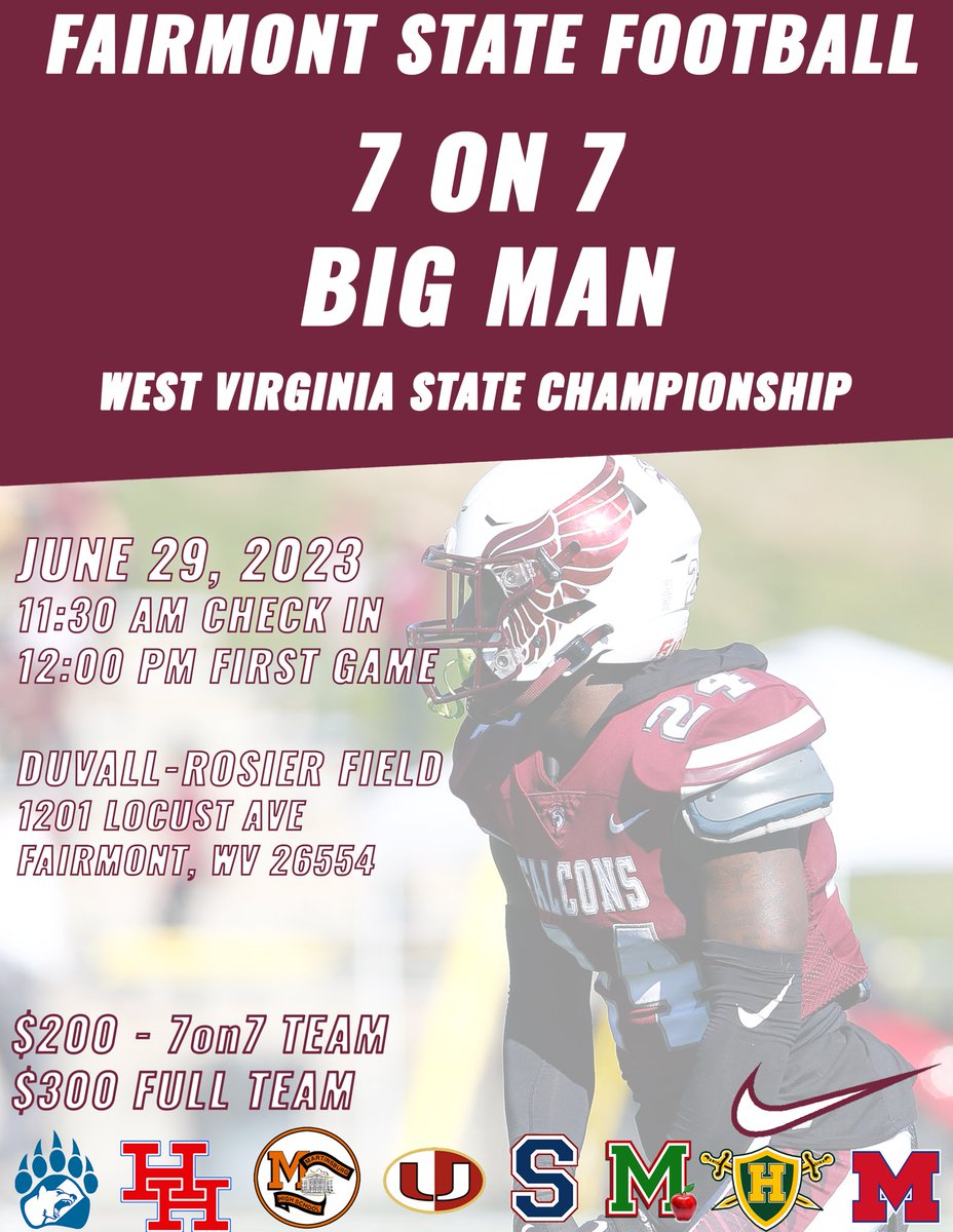 We are honored to be invited to the West Virginia 7on7 State Championship hosted by Fairmont State. Great recognition for our program and opportunity for our kids to compete against the state’s best.
