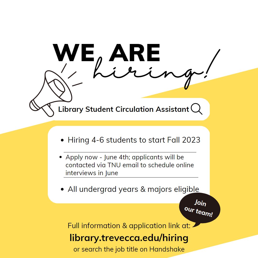 Are you an undergraduate looking to work on campus? Applications for Fall 2023 library student workers are now open! Head to the link below for a full job description and a link to apply on Handshake!
library.trevecca.edu/hiring