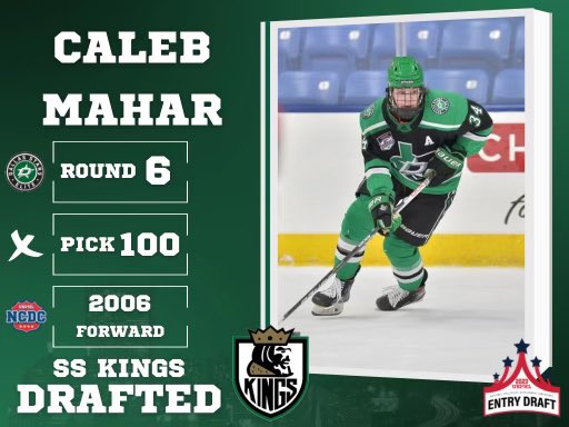 SSK_Hockey's tweet photo. With the 100th pick in round 6 of the 2023 #NCDC Entry Draft, the Kings are proud to select 2006 Forward Caleb Mahar from the @DSEHC16UAAA! Welcome to the Kings, Caleb! https://t.co/8oTe6skkQO