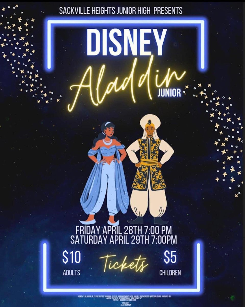 cmackeiga's tweet photo. Students and staff at SHJH have worked really hard to bring Aladdin to life this weekend. You can buy tickets in advance but there will also be limited tickets available at the door. Tickets are $10 for adults (16 and over) and $5 for students. https://t.co/6fWfugGwMw