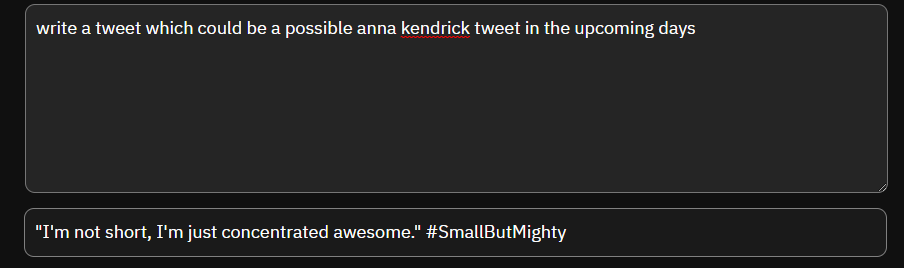 PitchPerfectPK's tweet photo. so apparently, I asked deepAI about what could be a possible Anna Kendrick tweet would be and this is the reply. 
It feels like an Anna tweet .... I need grandma to see this @AnnaKendrick47 😭😭 https://t.co/EJCunbXVxB