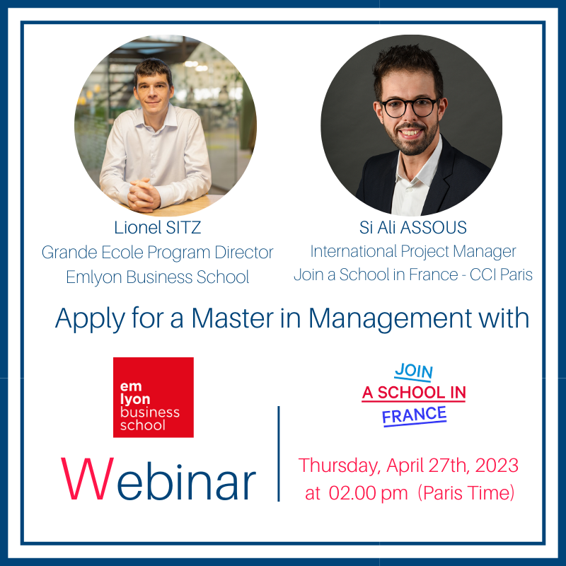 JoinusinFrance's tweet photo. SAVE THE DATE April 27th  Webinar with  @EMLYON  

Our team will meet with @lionelsitz to talk about the #Masterinmanagement program and  our admission processes.

link:
https://t.co/2vFK91Wr3K

 #etudesenfrance #studyinfrance #campusfrance #businessschool https://t.co/eFxz1ugB0a