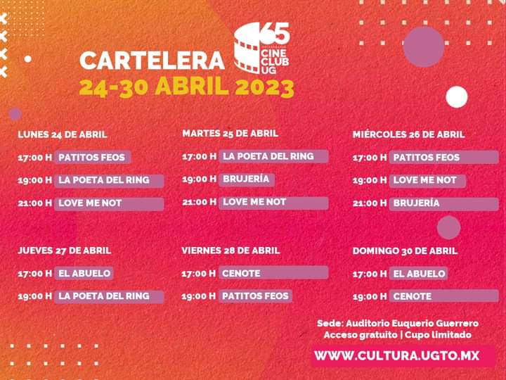 Cinéfilos ¿les gusta ir a ver películas?
🎬Esta semana es de cine🎬
Consulta la programación de <a href="/cineclubug/">Cine Club UG</a> 
📅Hasta el 30 de abril
📍Auditorio Euquerio Guerrero
Acceso gratuito, cupo limitado

👉Checa la cartelera:
cultura.ugto.mx

#CulturaUG #CineClubUG #65Aniversario