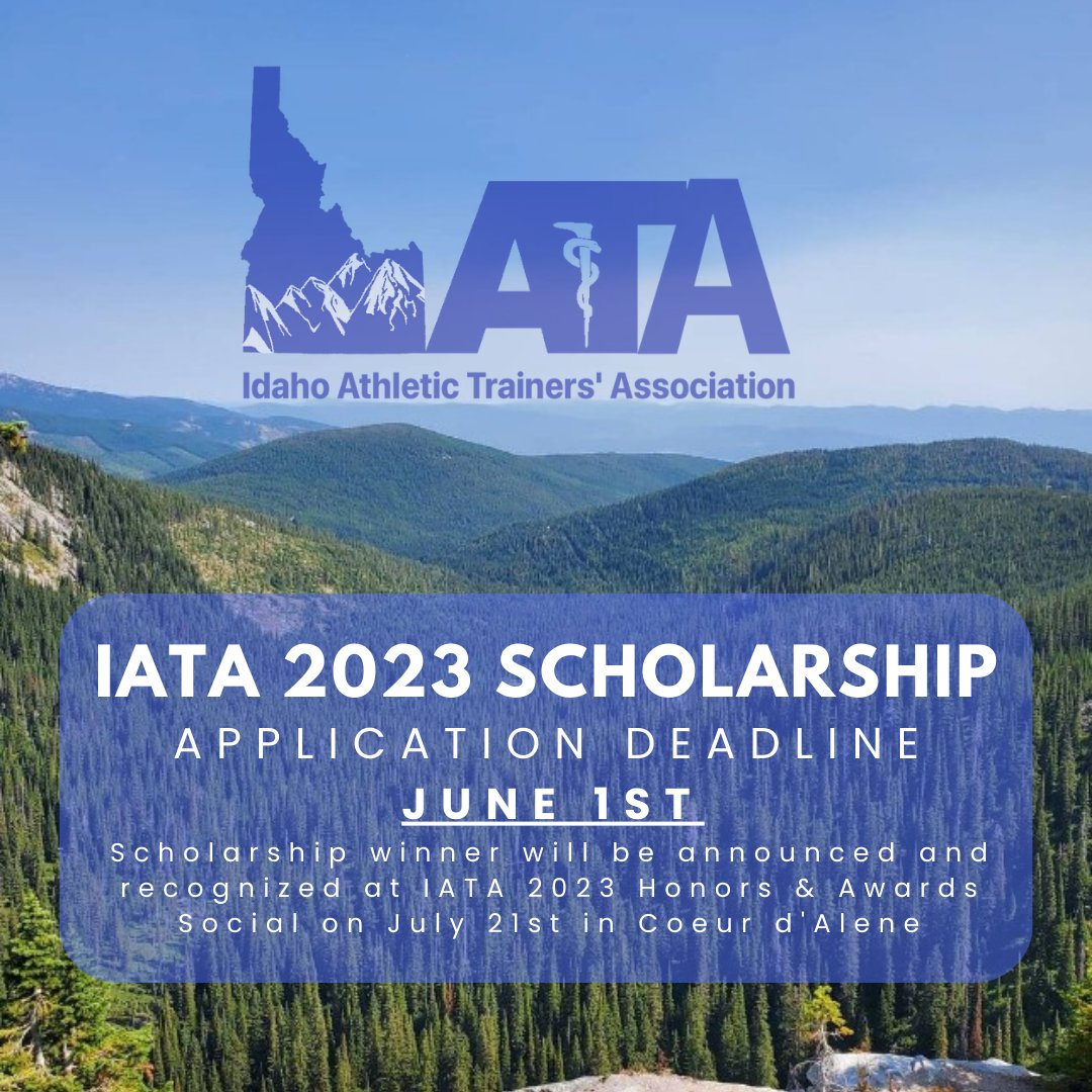 idahoata's tweet photo. The #IATA2023 Scholarship application deadline is June 1st! #IdahoAT Students please apply and #IdahoAT Educators please encourage your students to apply!
Follow link below to apply:
https://t.co/V7Q4B0P0vu

@jesskerns_AT @Lauren_HoytATC  @BoiseState_AT @UIdahoATP @IdahoStateEd https://t.co/o1spAqJCSM