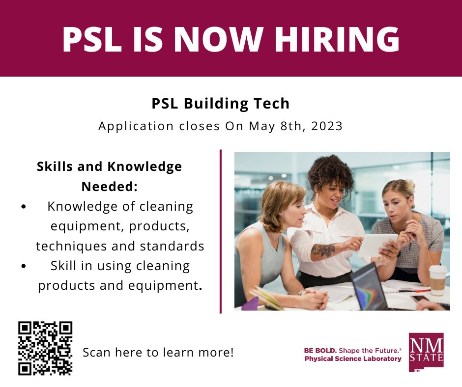 PSL is now hiring for the position of Building Tech! Scan the barcode below, or visit our website to learn more about this position. jobs.nmsu.edu/postings/50198  #nowhiring #buildingtech #lascrucesjobs