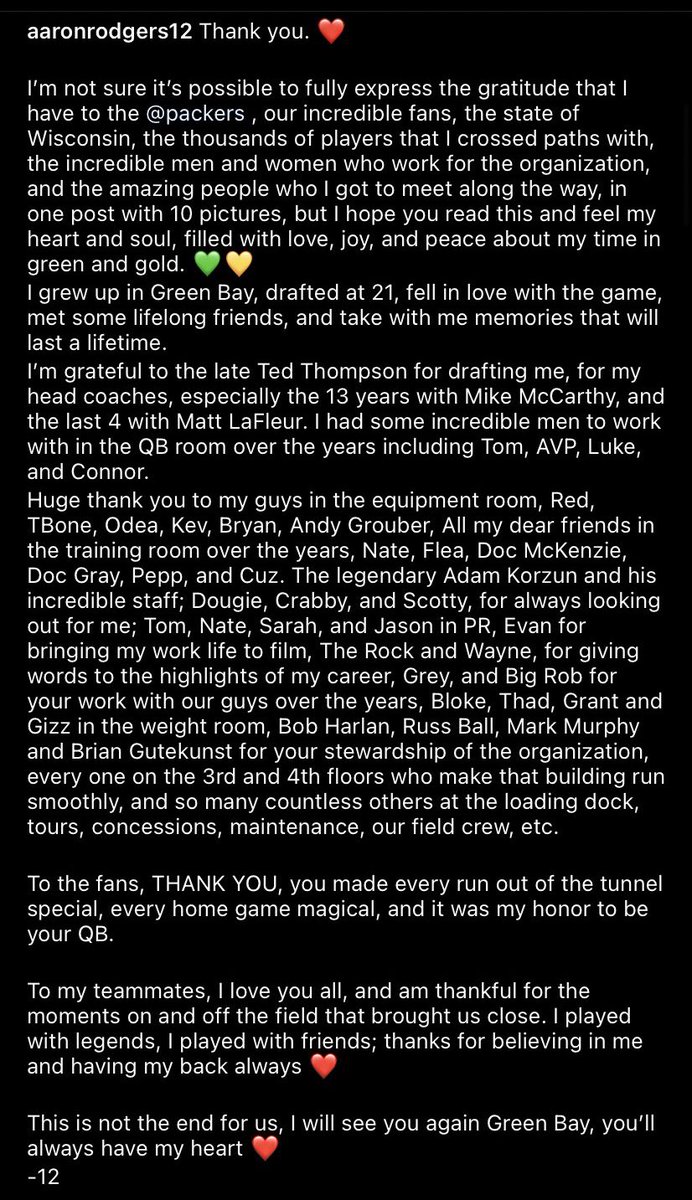 NFL_Talk_Sports's tweet photo. QB Aaron Rodgers says goodbye to GB via Instagram: https://t.co/WMW2lxdXlQ
