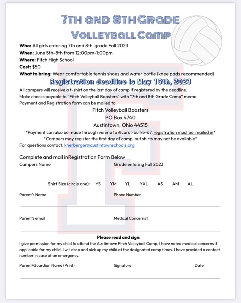 Registration is now open for our Summer Youth Volleyball Camps June 5-8! Little Spikers is open to any girl or boy entering grades 3-6 from 9 am -11 am. Our middle school camp is open to any girl entering grades 7-8 from 12 pm - 2 pm. See flyers for more info!