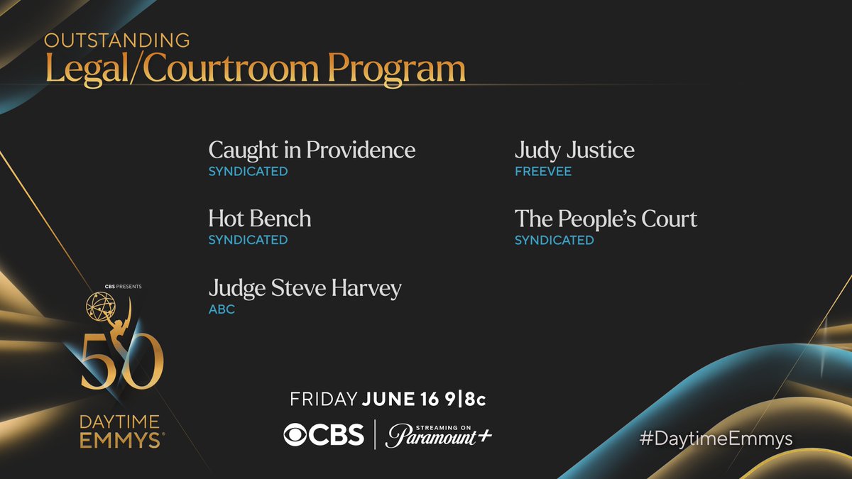 DaytimeEmmys's tweet photo. The #DaytimeEmmys Nominees for Legal/Courtroom Program are:
- #CaughtInProvidence (SYNDICATED)
- @HotBenchTV (SYNDICATED)
- @IAmSteveHarvey (@ABCNetwork)
- @JudyJustice (@AmazonFreevee)
- @thepeoplescourt (SYNDICATED) https://t.co/Qab7dsUJCt