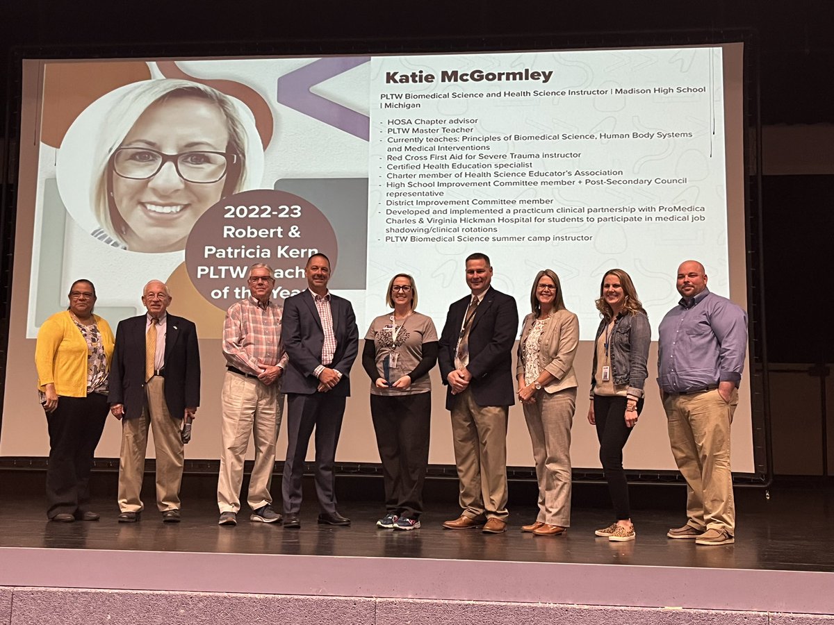 Congratulations <a href="/McGormleyBioMed/">Katie McGormley</a> on being honored by PLTW receiving national recognition with the Robert and Patricia Kern teacher of the year award.  <a href="/Trojans_Madison/">Madison School Dist.</a>