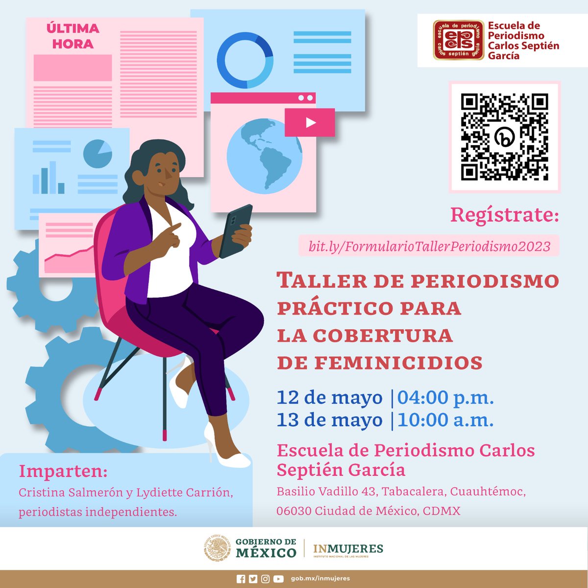 ¿Quieres tener las bases de la perspectiva de género para realizar coberturas periodísticas sobre violencia contra mujeres y niñas? Únete al taller práctico en la Escuela de Periodismo Carlos Septién García con @Lydicar y <a href="/mafaldita3/">Cristina Salmerón</a>. #CoberturaResponsable #Inmujeres