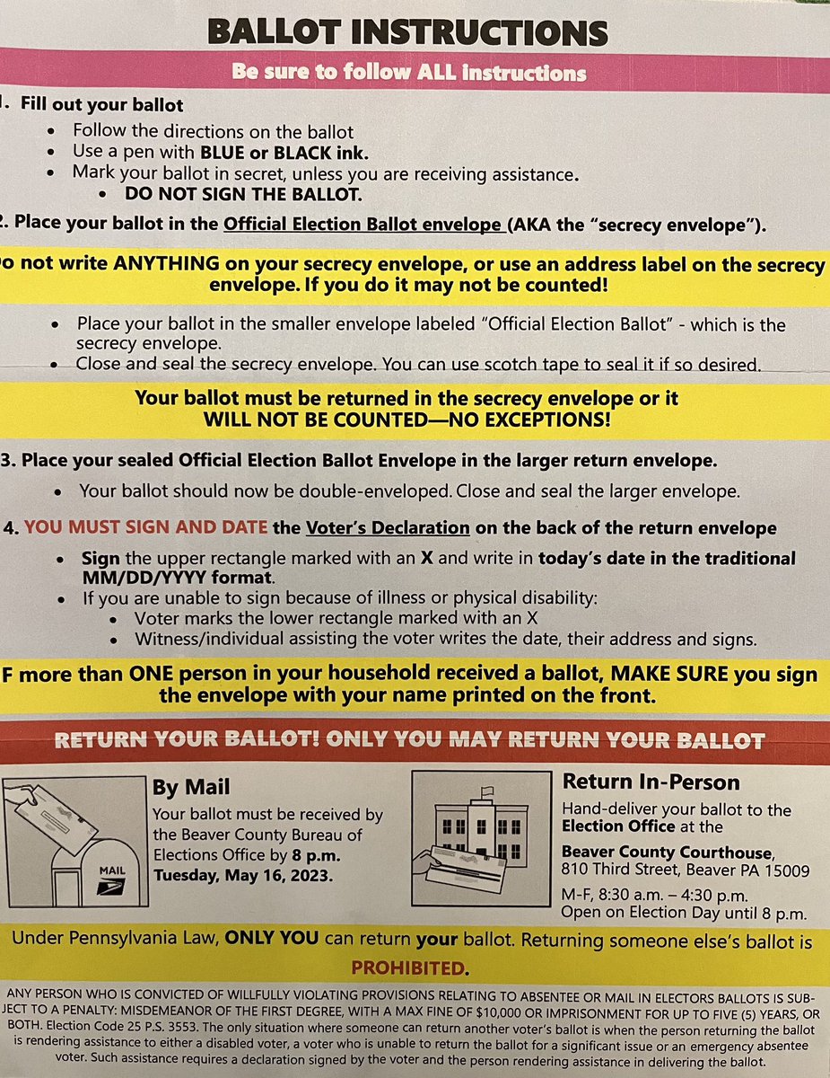 📭Ballots are arriving in #BeaverCounty mailboxes
✅Follow the colorful directions.
📩Place your ballot in the secrecy envelope. 
🖊Don't forget to sign and date the back of the mailing envelope. 
📱Visit our website for a list of endorsed candidates. beavercountydemocrats.com/2023-candidate…