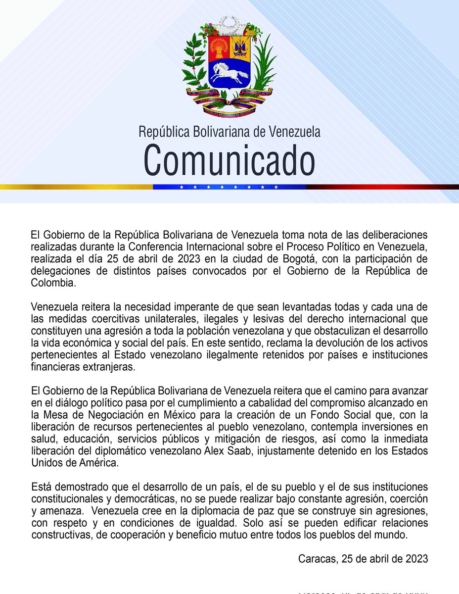 #25ABR ||  Venezuela reitera que avanzar en el diálogo político pasa por el cumplimiento de compromiso alcanzado en México (+COMUNICADO) 👇

#VenezuelaTerritorioDePaz