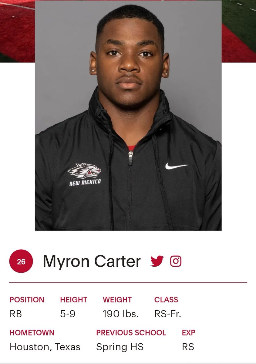 New Mexico RB Myron Carter entered the transfer portal; he did not see the field during his true freshman season in 2022 <a href="/Myron7Carter/">Myron carter</a>