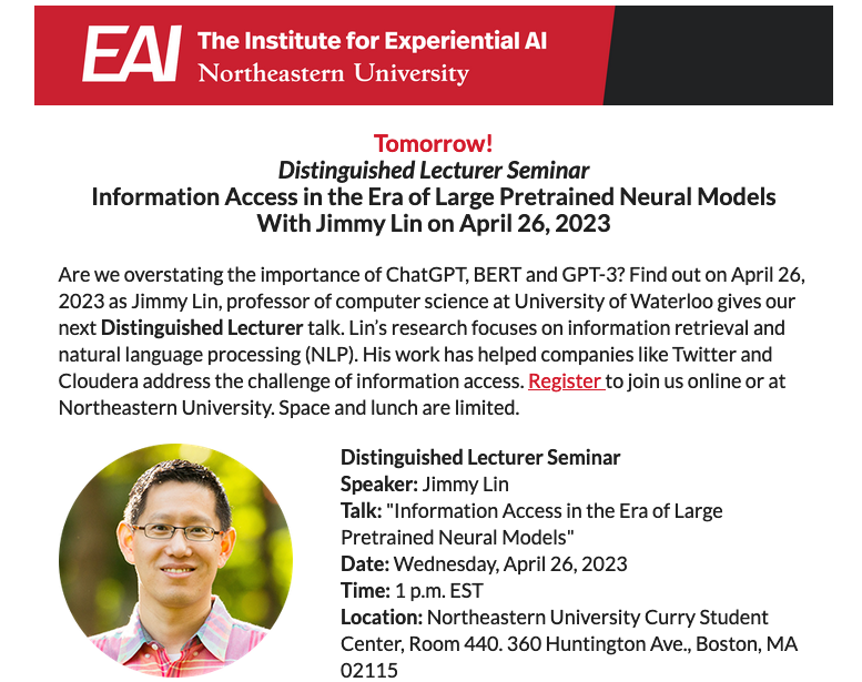 PolarBearby's tweet photo. [#LetsAItogether] Tomorrow April 26 (1PM EST) we have Jimmy Lin as distinguished speaker at the @Experiential_AI at @Northeastern Univ. talking about the impact of large language models in search engines. In person in Boston or online, register below:
https://t.co/uHeDgaUQWm https://t.co/cEc48mULph