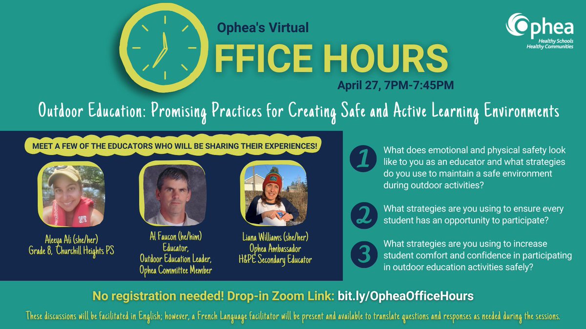 👋🏽 Meet our panelists who will be chatting with us for Ophea’s Office Hours! Join us on April 27th from 7:00pm – 7:45pm for a discussion on the topic of “Outdoor Education: Promising Practices for Creating Safe and Active Learning Environments” 🔗 bit.ly/OpheaOfficeHou…