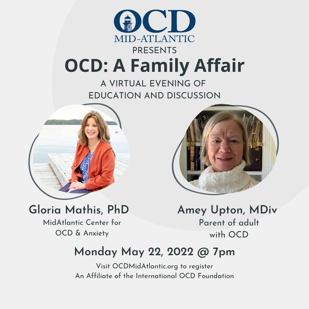 midatlanticocd's tweet photo. Join panelists Gloria Mathis and Amey Upton for an immersive evening of of education and discussion about in the impact of Obsessive Compulsive Disorder on families - clinical aspects, treatment interventions, and a family's journey through OCD. https://c
https://t.co/jMR385AkqR https://t.co/iq5pA0qDaU