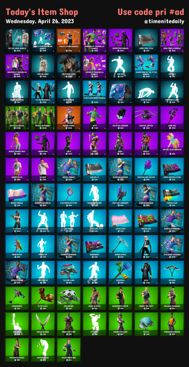 timenitedaily's tweet photo. 🌤 Today's Item Shop on #Fortnite
📅 Wednesday, April 26, 2023
 
🌟 Use code pri to support #EpicPartner https://t.co/yEQN9sUTf4