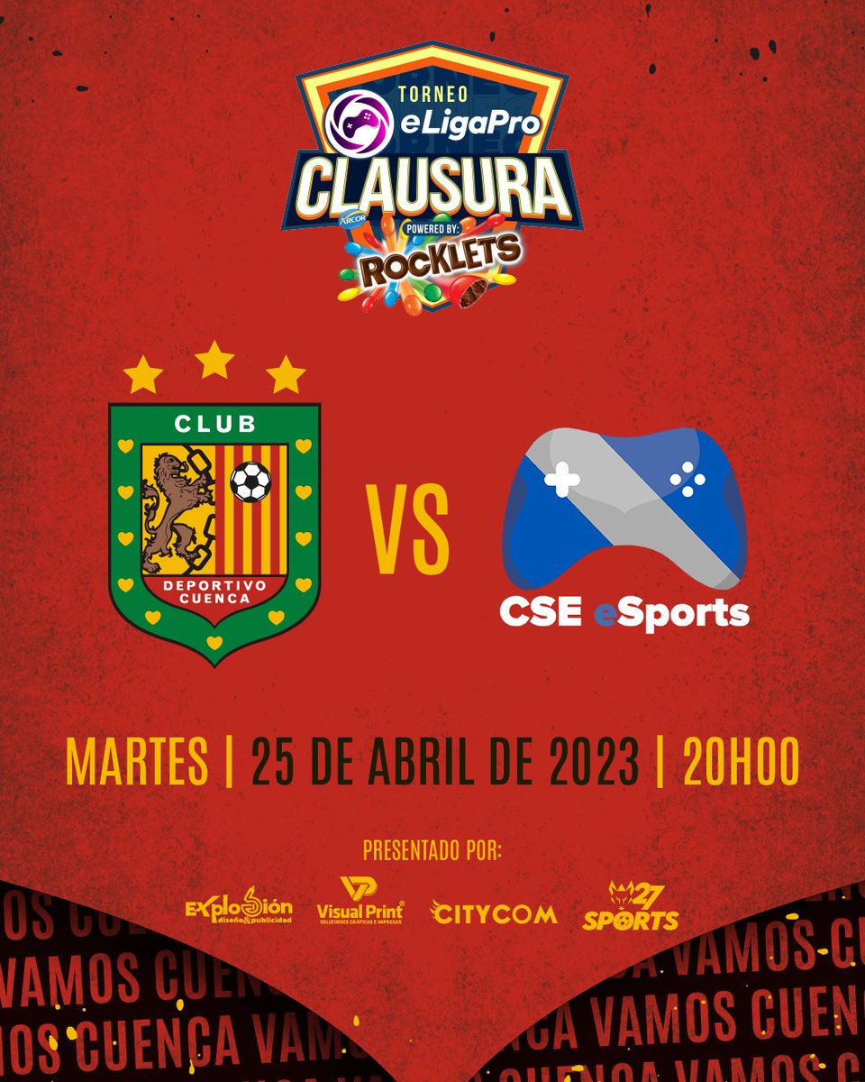 DCuencaOficial's tweet photo. PARTIDAZO de la Eligapro powered by @RockletsEc 🎮🔥
Todo el apoyo para nuestro jugador Sebastian Esparza 🦁♥️🖤.
Puedes seguirlo desde las 20:00 en el canal de Facebook de eLigaPro 🙌
Gracias al auspicio de:
#W27Sports
#VisualPrint
#ExplosiónDiseñoYPublicidad
#CityCom https://t.co/N1ehTRIEmg